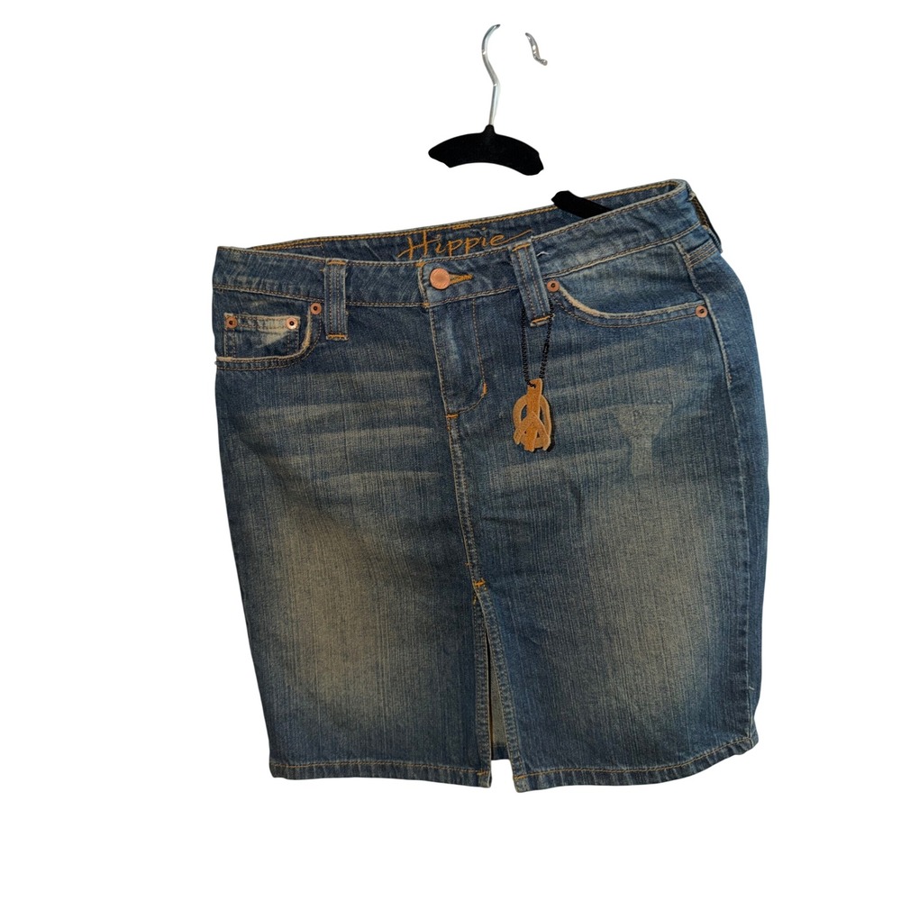 Hippie Denim Mini Skirt Medium Wash Blue Boho Peace Charm Jean Skirt Distressed